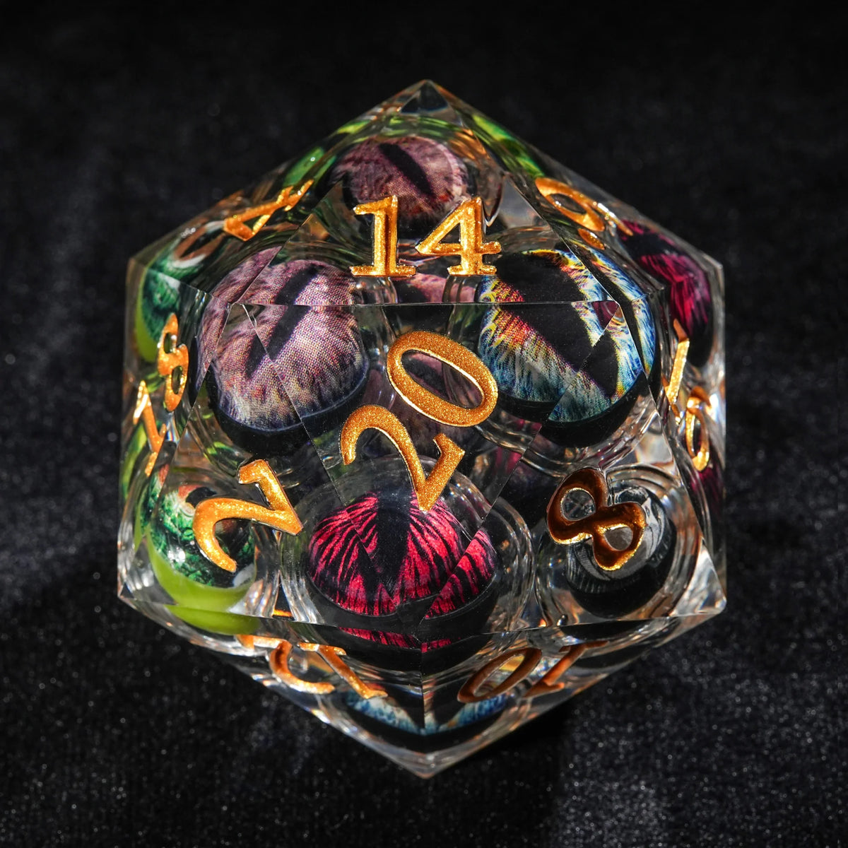 Eyeball Liquid Core Dice Set – 50mm clear resin giant liquid-core eyeball D20 dice with gold numbers