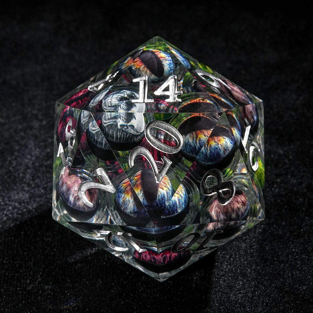 Eyeball Liquid Core Dice Set – 50mm clear resin giant liquid-core eyeball D20 dice with silver numbers
