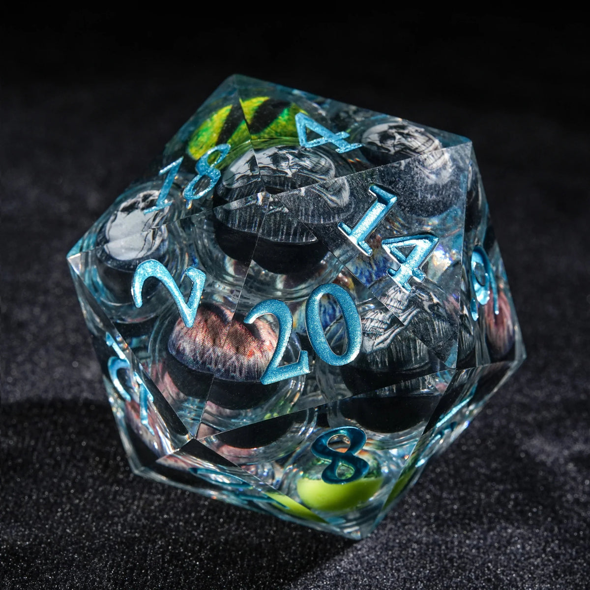 Eyeball Liquid Core Dice Set – 50mm clear resin giant liquid-core eyeball D20 dice with blue numbers