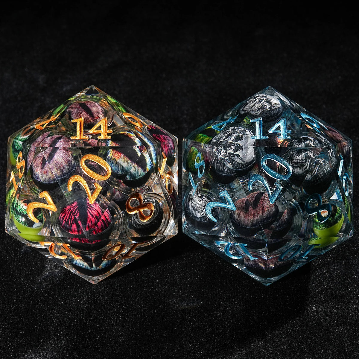 Eyeball Liquid Core Dice Set – Two 50mm diameter giant liquid-core eyeball D20 dice are placed side by side on the