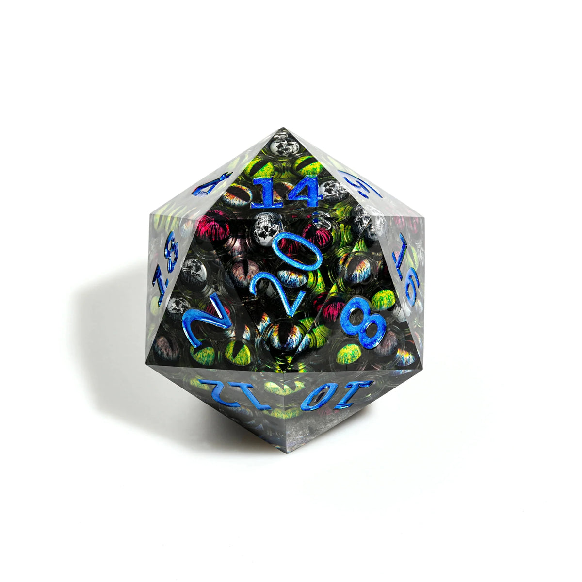Eyeball Resin D20 Dice – Multifaceted Illusion - 95mm Extra Large Clear Resin D20 Eyeball Dice with Blue Numbers. The