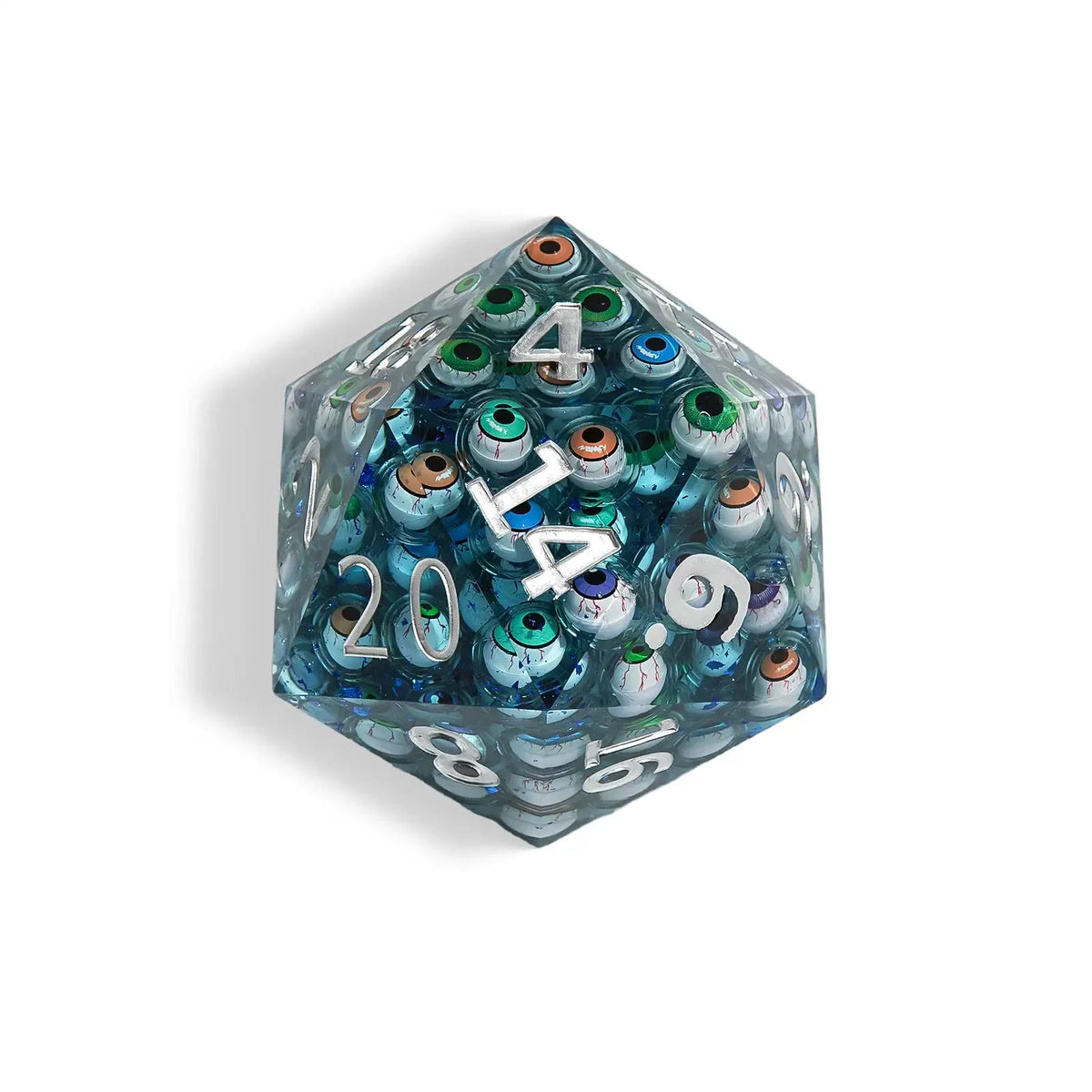 Eyeball Resin D20 Dice – Multifaceted Illusion - 95mm Oversized Clear Resin D20 Eye Dice with Silver Numbers