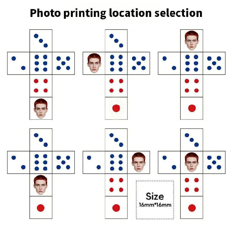 Face Photo Acrylic D6 Dice Set – Custom-designed white acrylic D6 dice with face photos - printing position display.