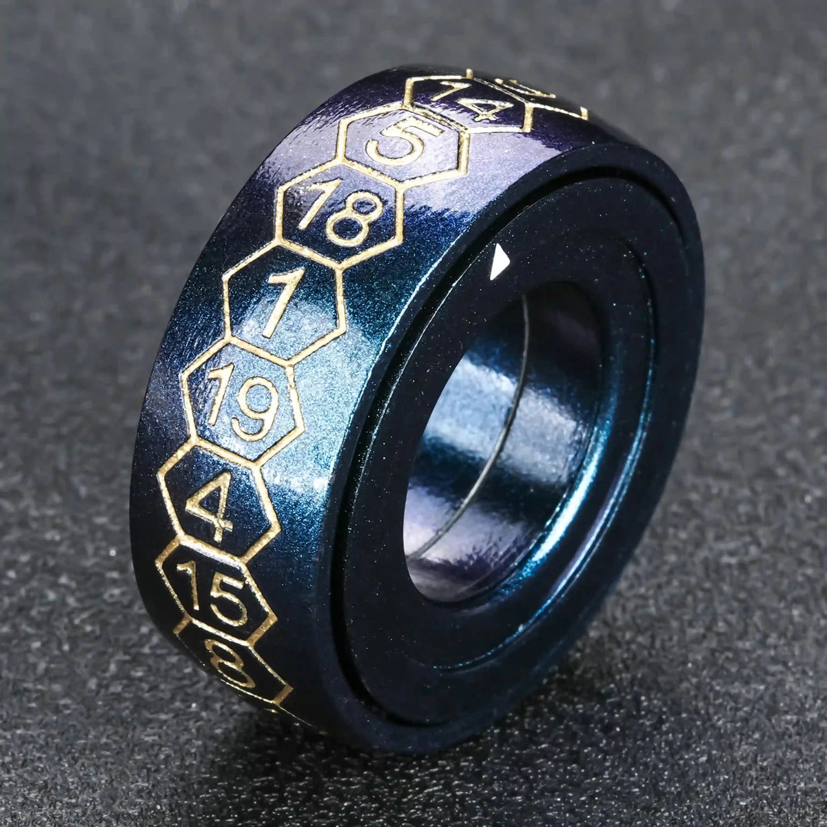 Fingertip Ring Metal Spinner Dice Set – Cool gradient green metallic D20 dice ring with gold numbers