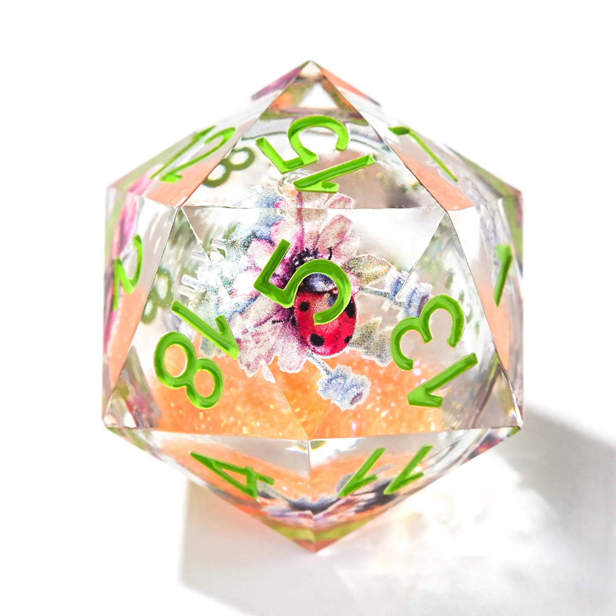 Flower Liquid Core Dice Set – Fantasy Flower Orange Liquid Core Resin Dice Set + Green Numbers