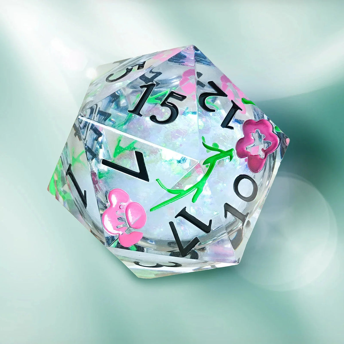 Flower Liquid Core Dice Set – Glitter – Large 35mm shiny liquid core resin D20 dice with red and green floral patterns