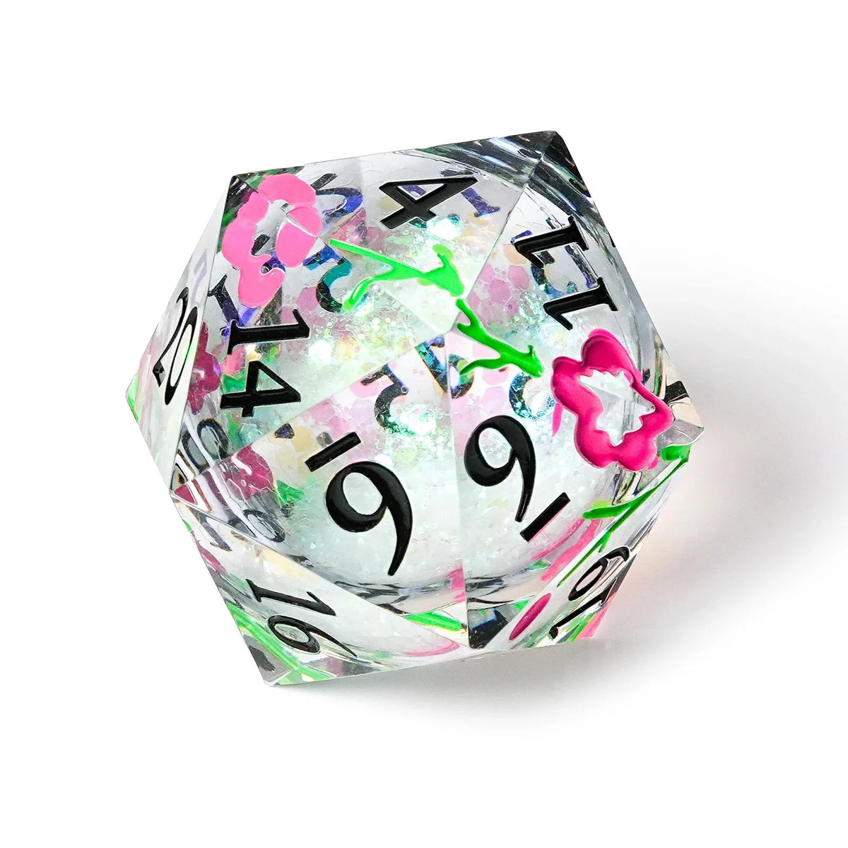 Flower Liquid Core Dice Set – Glitter – Large 35mm shiny liquid core resin D20 dice with red and green floral patterns