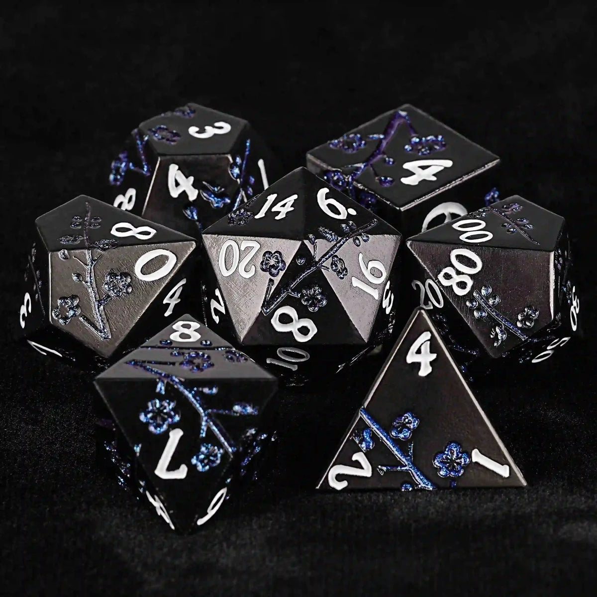 Flower Metal DND Dice Set – Black and Blue Cherry Blossom Metal DND Dice Set + White Number