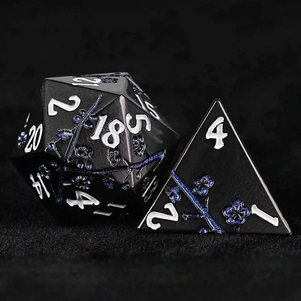 Flower Metal DND Dice Set – Black and Blue Cherry Blossom Metal DND Dice Set + White Number