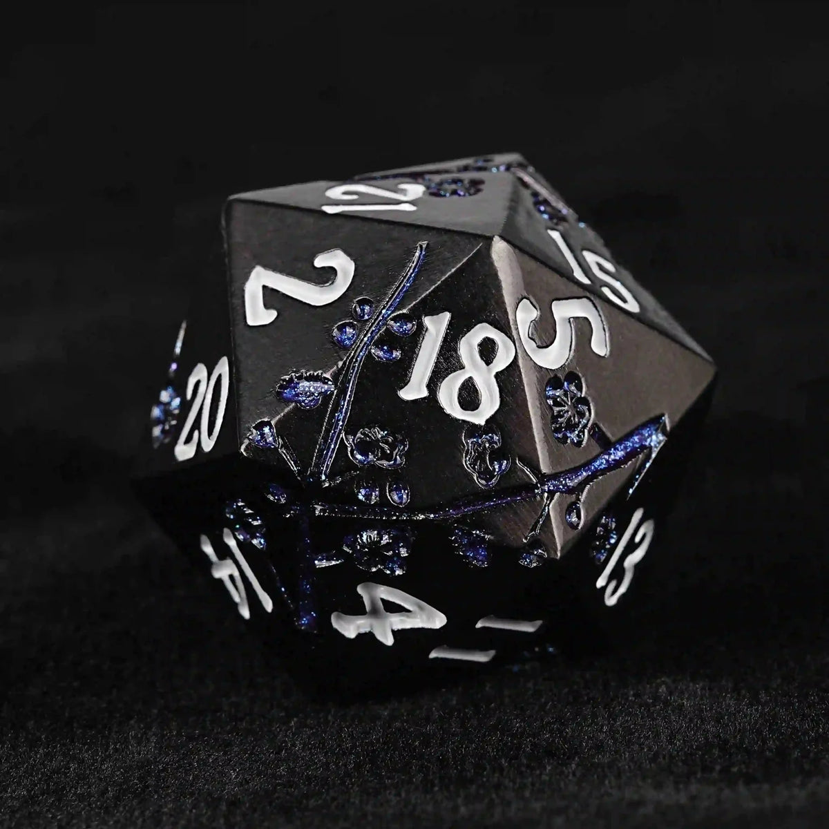 Flower Metal DND Dice Set – Black and Blue Cherry Blossom Metal DND Dice Set + White Number