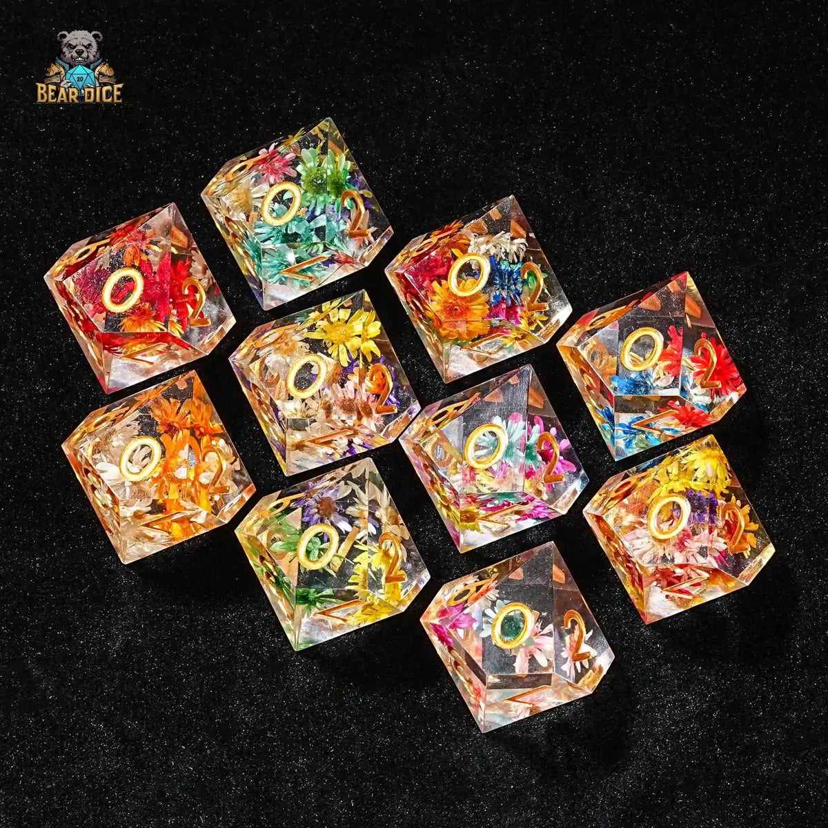 Flower Resin D10 Dice – Gold Numbers – Floral Crystal Clear Resin Dice with Gold Numbers 10 Sided Dice (D10 Dice)