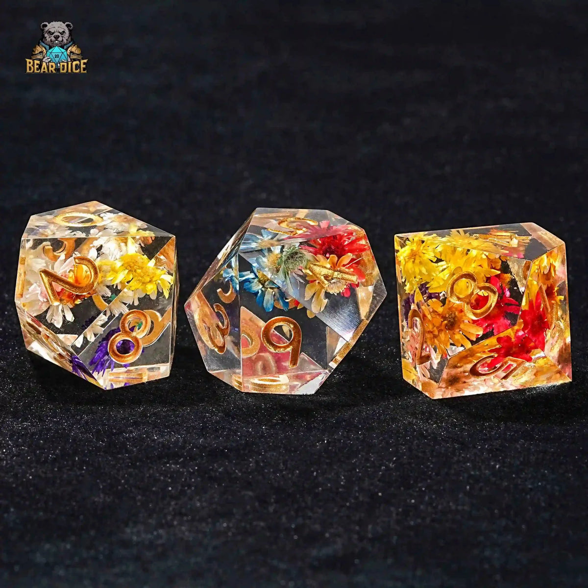 Flower Resin D10 Dice – Gold Numbers – Floral Crystal Clear Resin Dice with Gold Numbers 10 Sided Dice (D10 Dice)