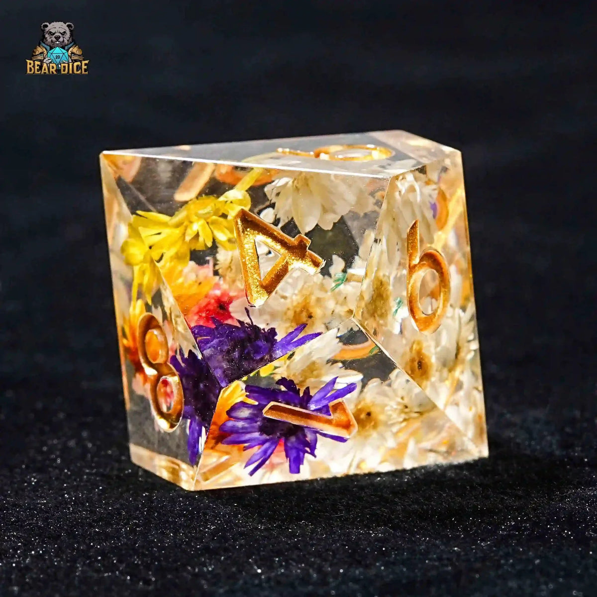 Flower Resin D10 Dice – Gold Numbers – Floral Crystal Clear Resin Dice with Gold Numbers 10 Sided Dice (D10 Dice)