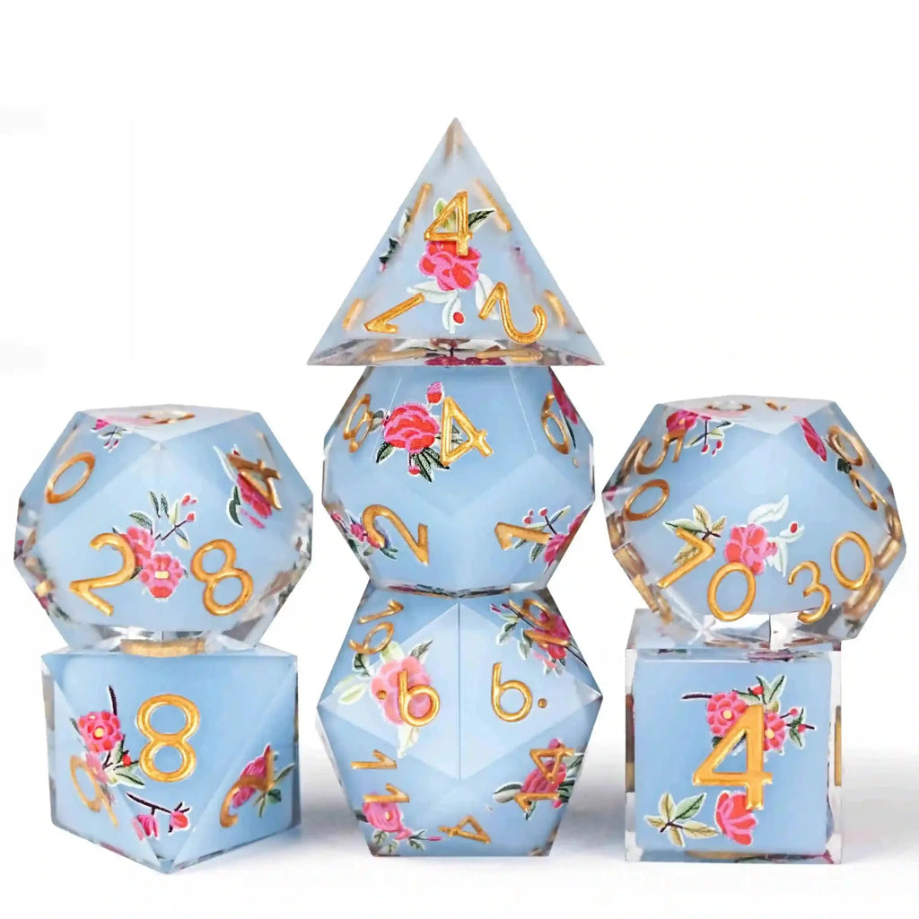 Flower Resin DND Dice Set – Gold Numbers – Light Light – Light blue resin light red flower DND dice set with gold