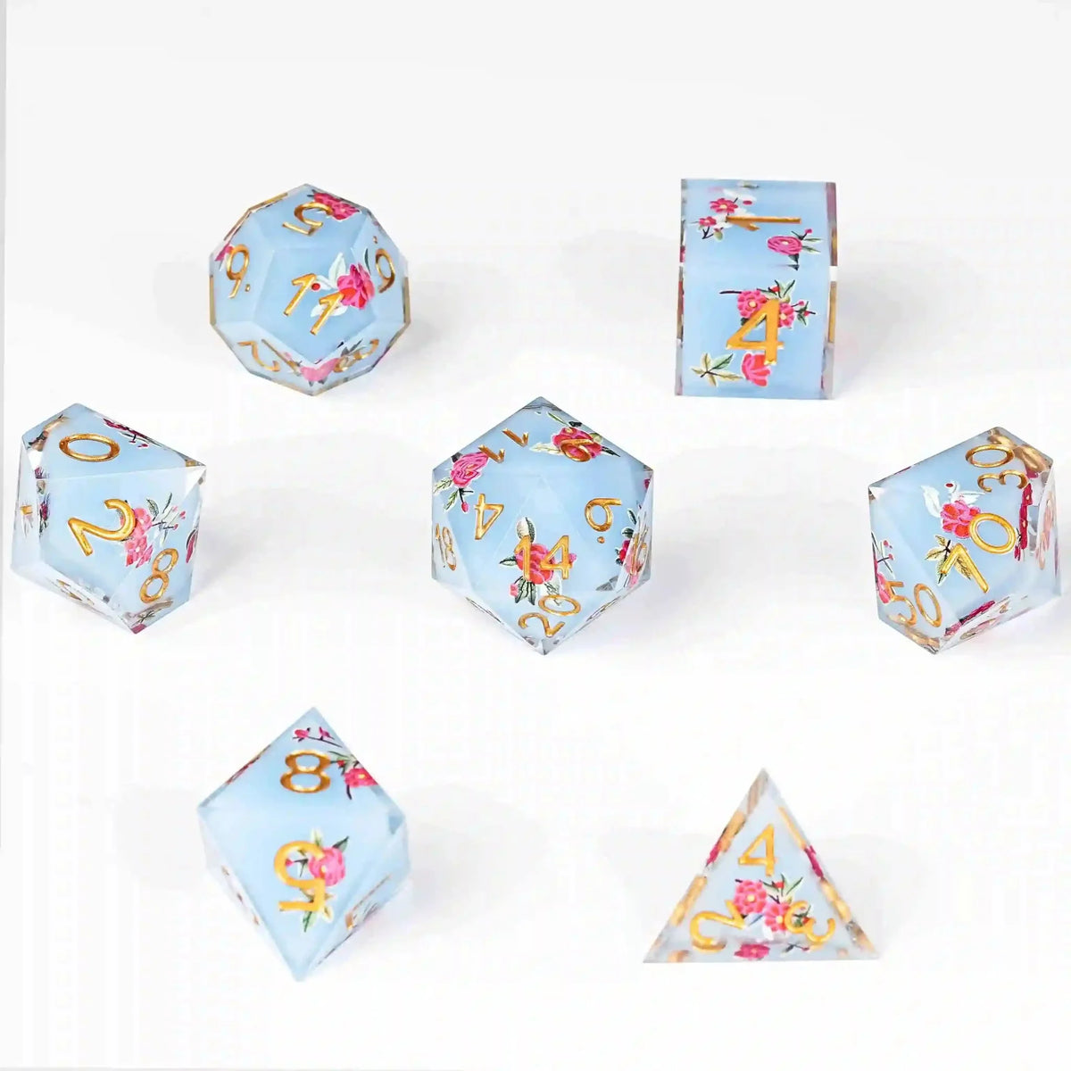 Flower Resin DND Dice Set – Gold Numbers – Light Light – DND dice set (D4, D6, D8, D10, D12, D%, D20), light blue