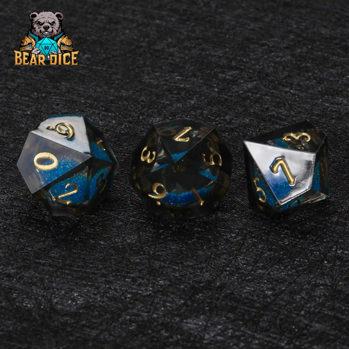 Fluid Liquid Core Dice Set – Gold Numbers – Blue Liquid Core Resin D10 dice rolling on a table during tabletop RPG