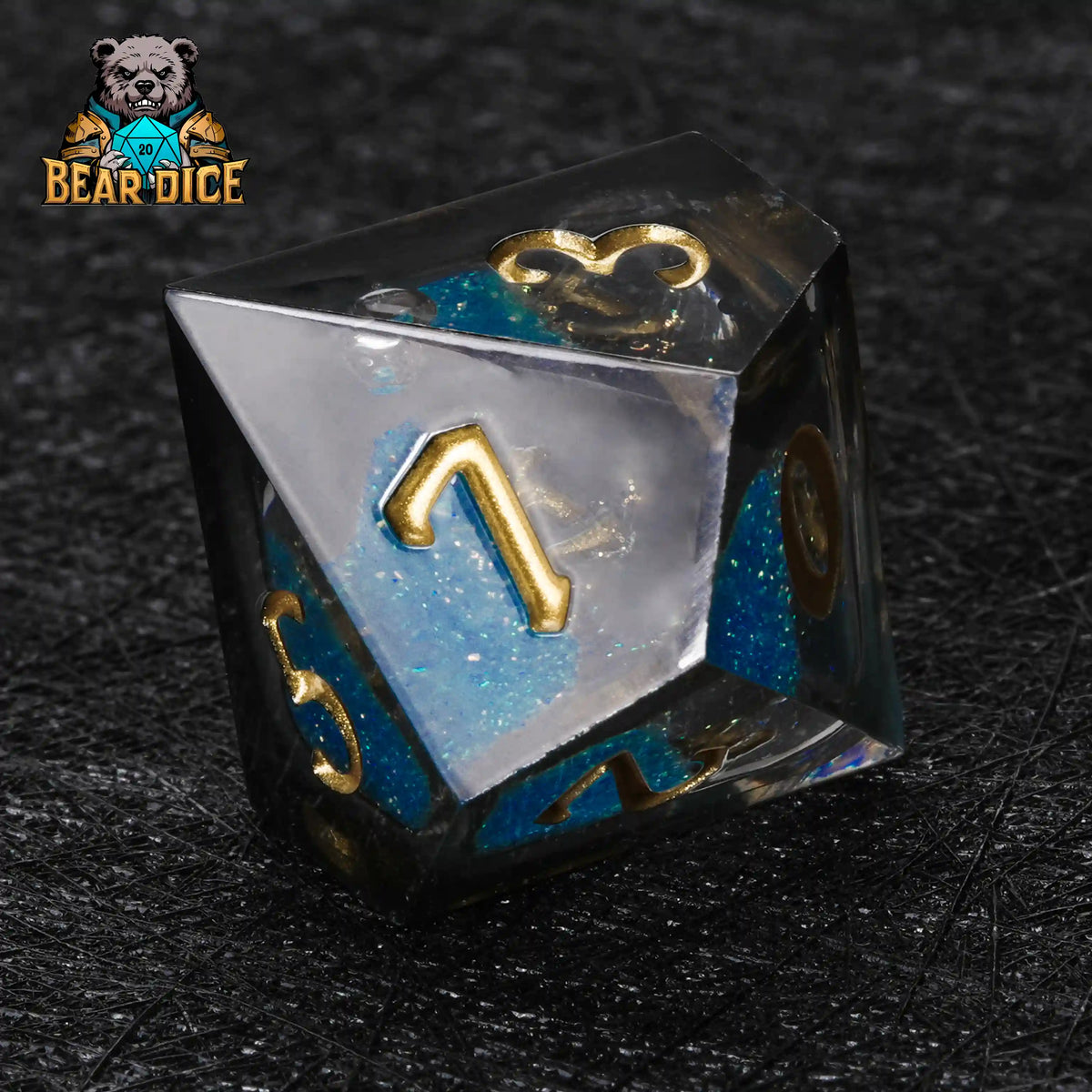 Fluid Liquid Core Dice Set – Gold Numbers – Top view of Blue Liquid Core Resin D10 Dice Set with gold numerals