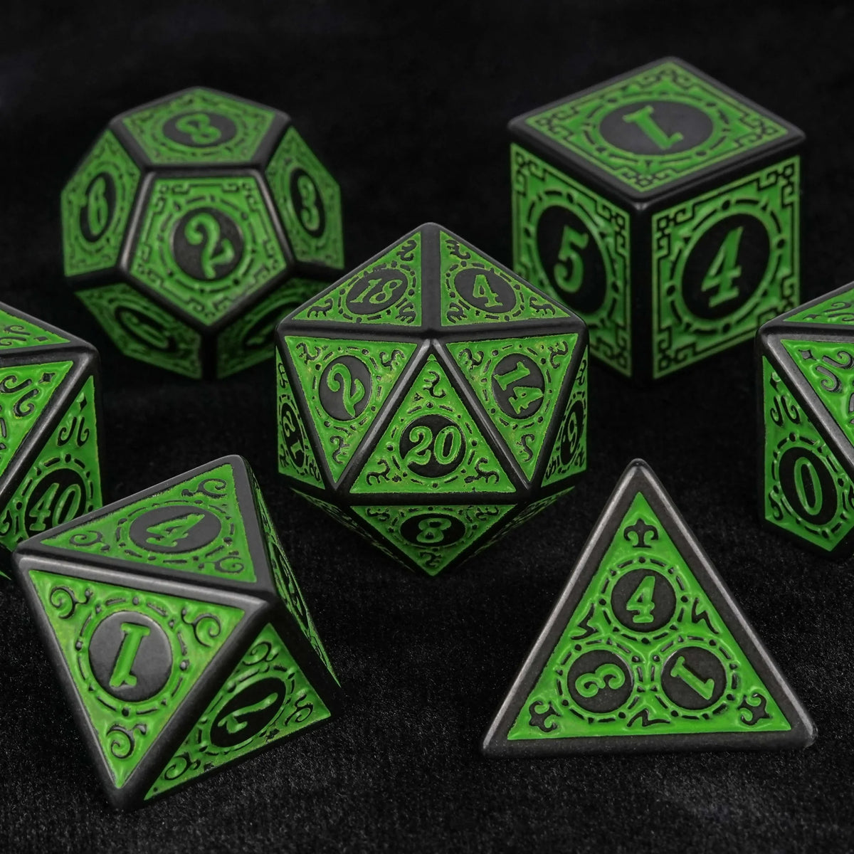 Fluorescent Metal DND Dice Set – Green Magic Pattern Acrylic DND Dice Set