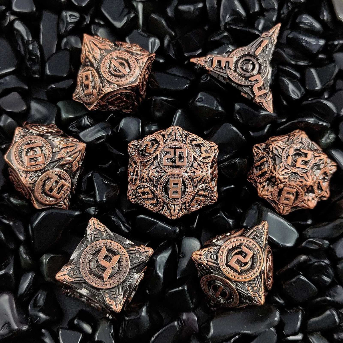 Flying Saucer Metal DND Dice Set – Antique Red Copper Solid Metal DND Dice Set Flying Saucer Elements