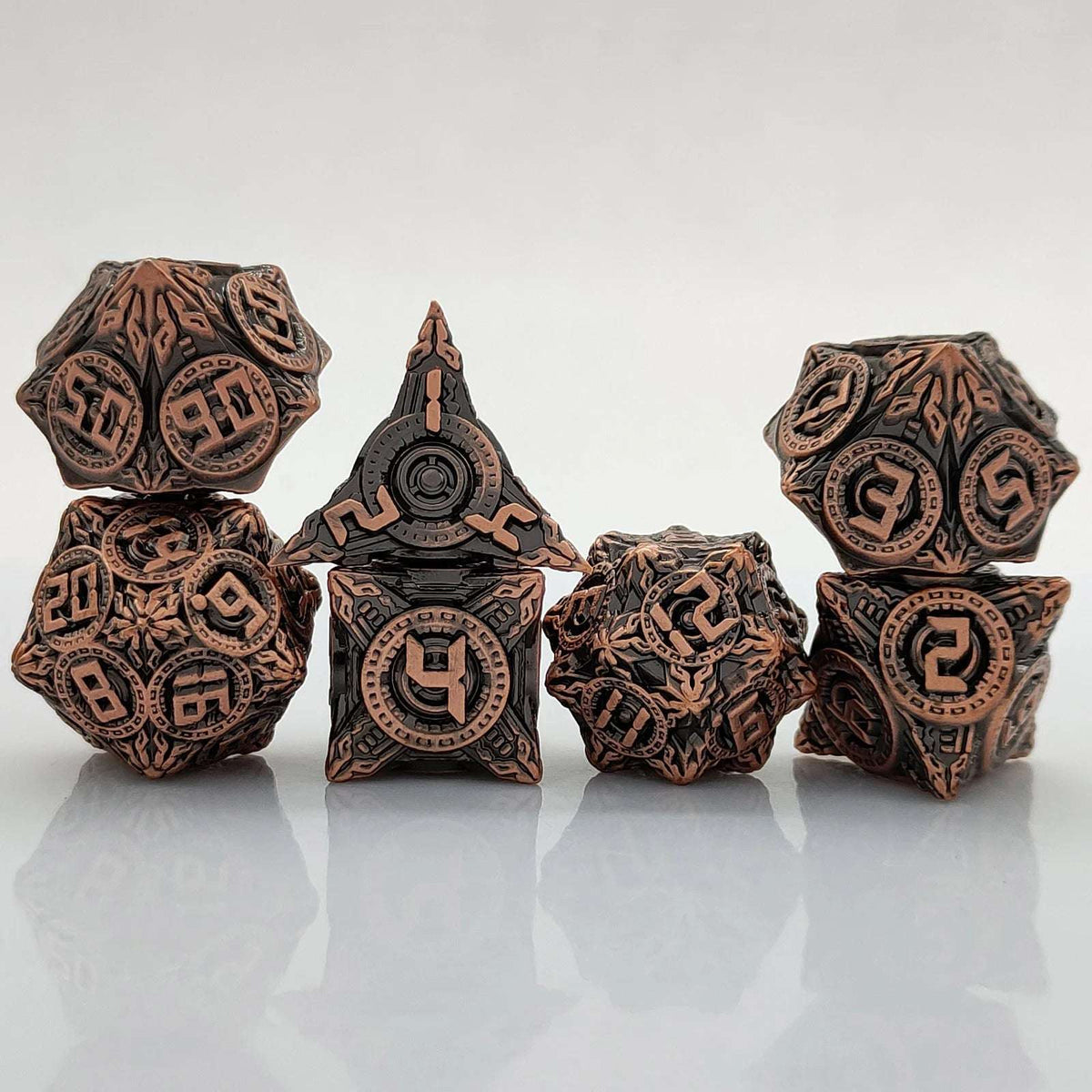 Flying Saucer Metal DND Dice Set – Antique Red Copper Solid Metal DND Dice Set Flying Saucer Elements