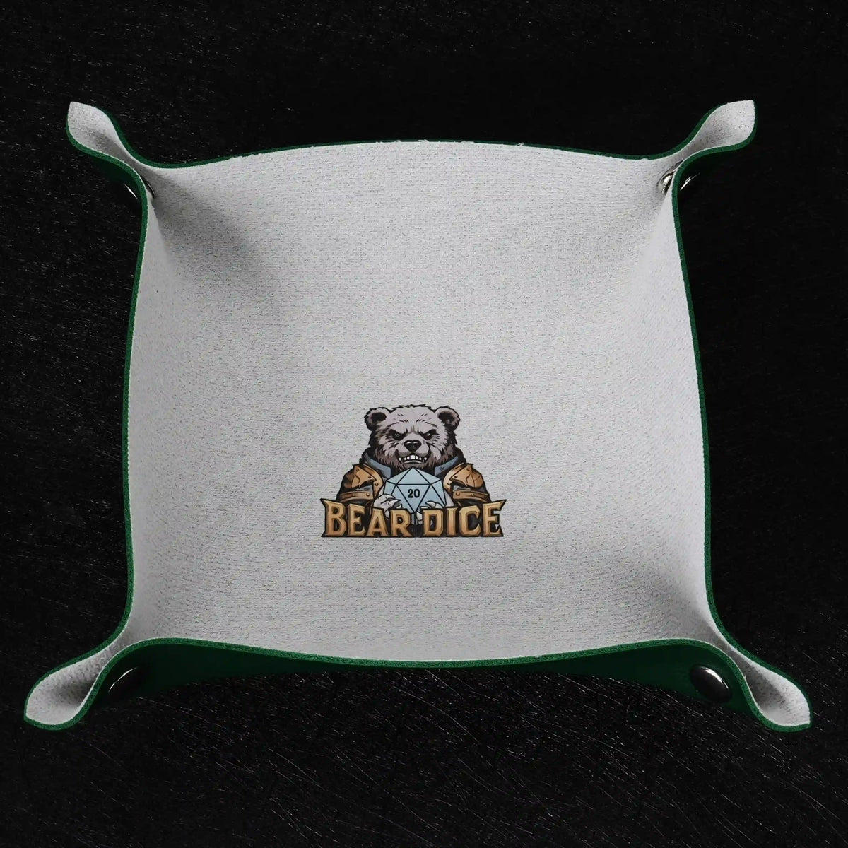 Foldable Dice Tray – Leather – Green folding dice tray with logo and snaps
