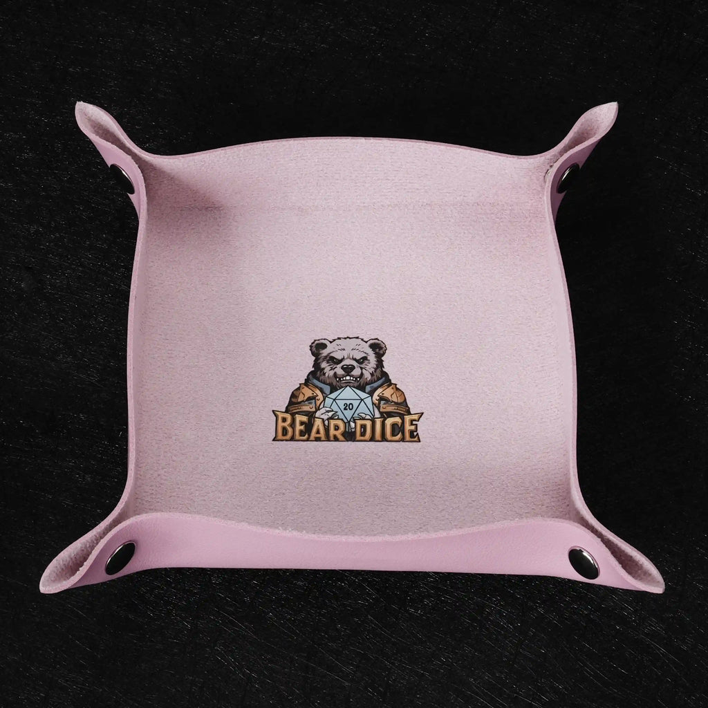 Foldable Dice Tray – Leather – Light pink folding dice tray with logo and snaps