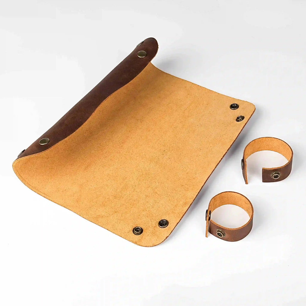 Foldable Quad Dice Tray – Leather – Rollable vintage tan hand - made four - corner assembled button leather dnd dice