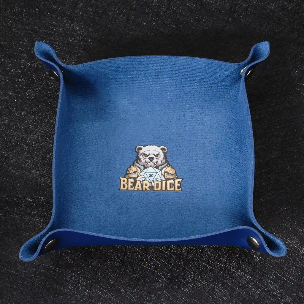 Foldable Snap Dice Tray – Leather – Blue folding dice tray, with logo and snaps