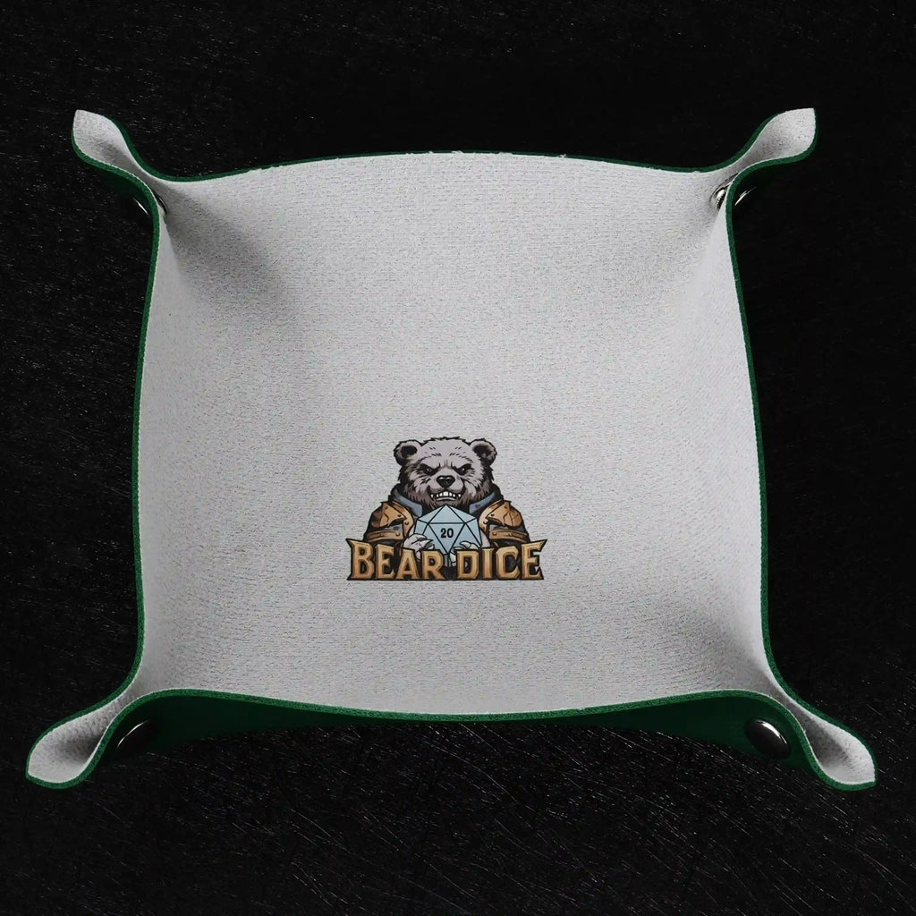 Foldable Snap Dice Tray – Leather – Green folding dice tray with logo and snaps