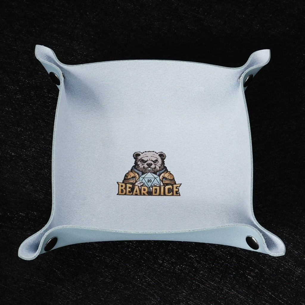 Foldable Snap Dice Tray – Leather – Light blue folding dice tray with logo and snaps