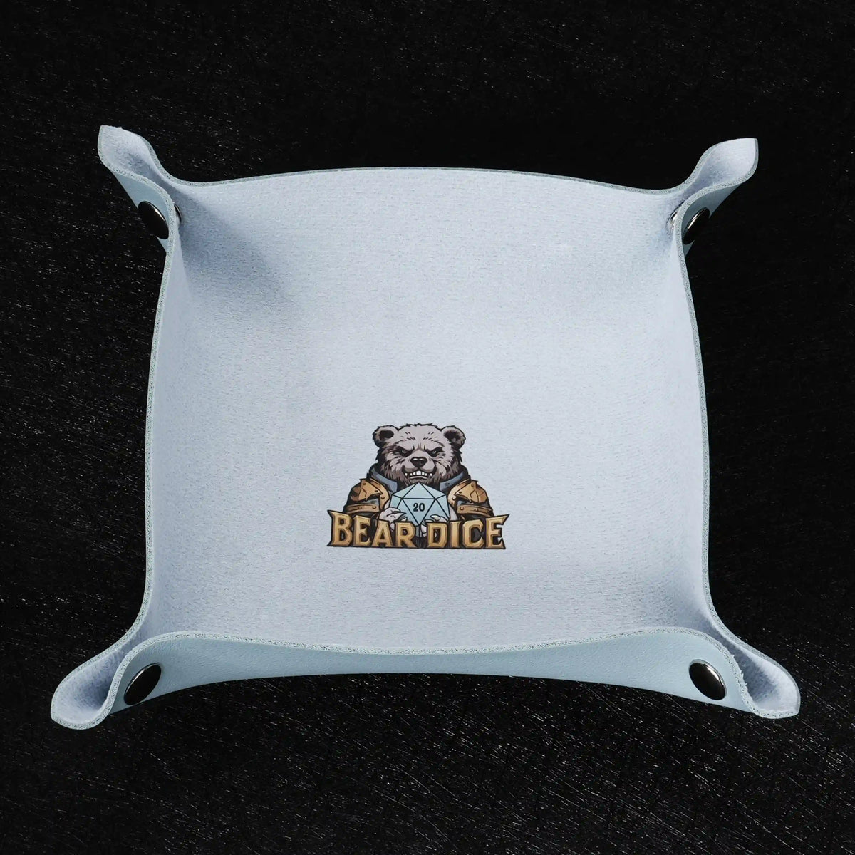 Foldable Snap Dice Tray – Leather – Light blue folding dice tray with logo and snaps