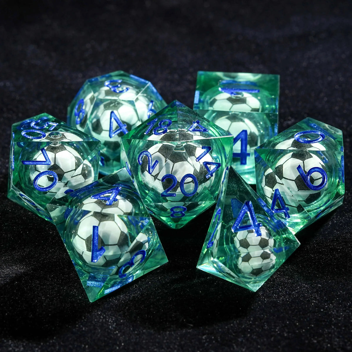 Football Quicksand Liquid Core DND Dice Set – Soccer Core Resin DND Dice Set + Blue Font