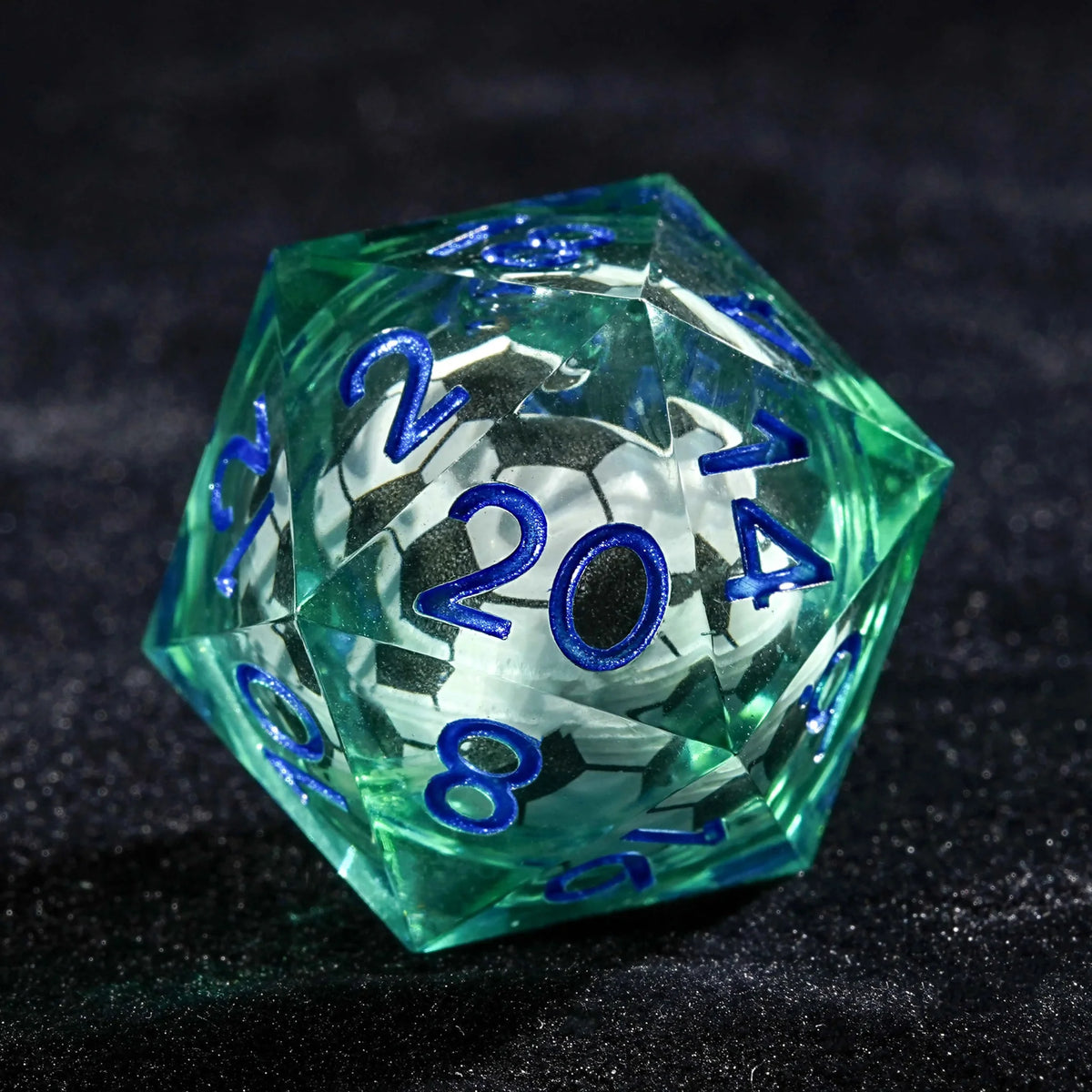 Football Quicksand Liquid Core DND Dice Set – Soccer Core Resin DND Dice Set + Blue Font