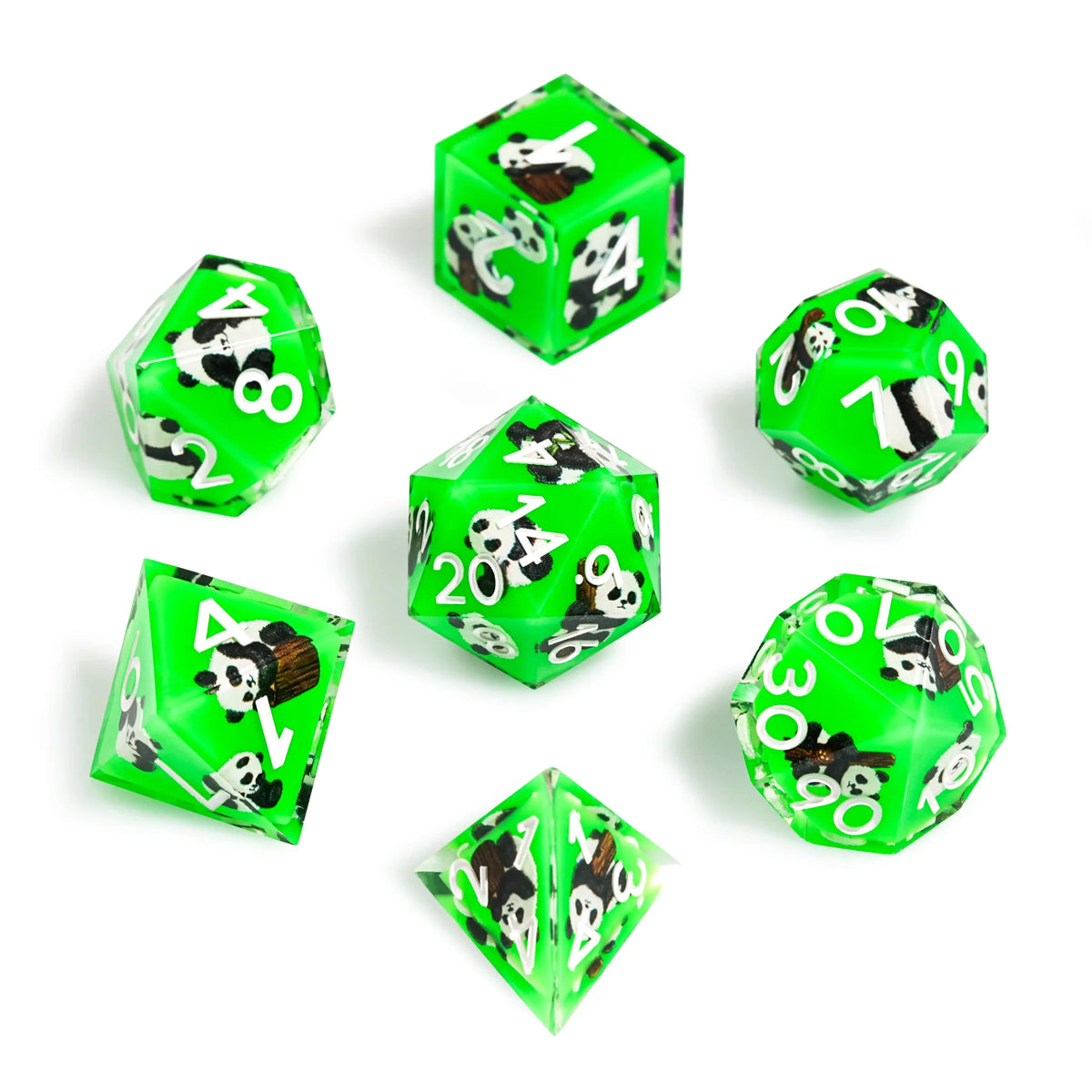 Forest Spirit Resin DND Dice Set – Panda Decal Green Resin DND Dice Set + White Font