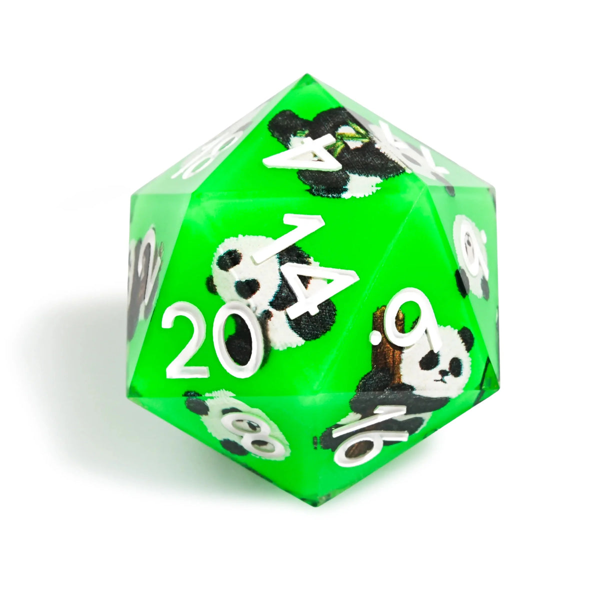 Forest Spirit Resin DND Dice Set – Panda Decal Green Resin DND Dice Set + White Font