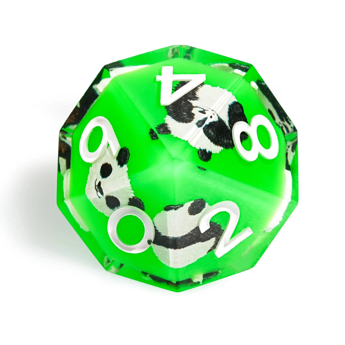 Forest Spirit Resin DND Dice Set – Panda Decal Green Resin DND Dice Set + White Font