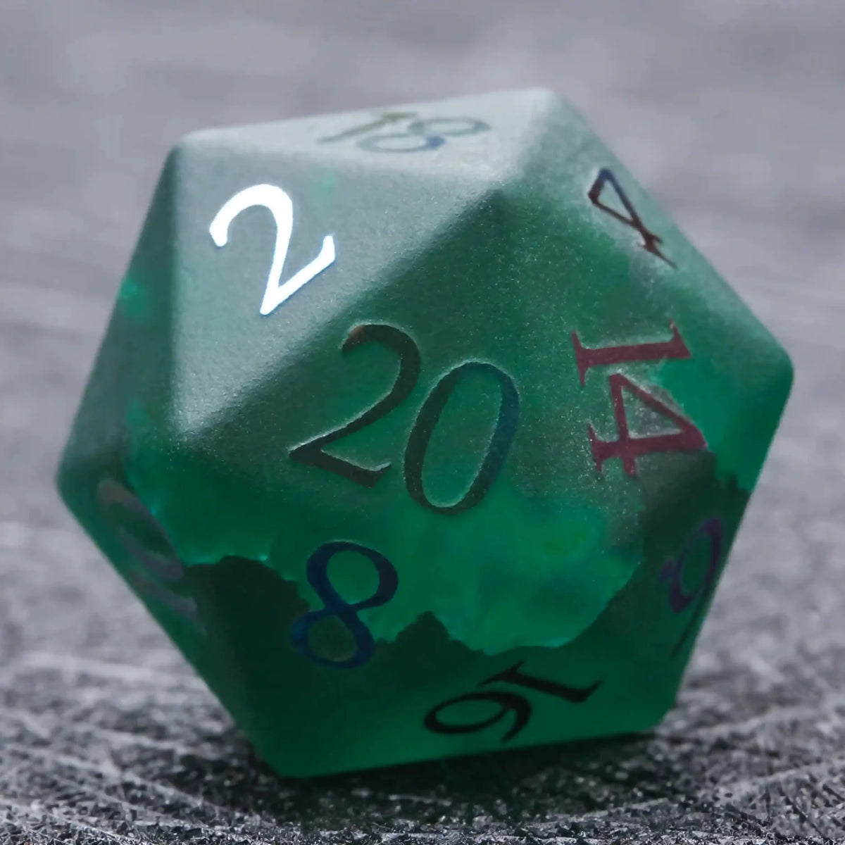 Frosted Gemstone DND Dice Set – Green Glass Frosted Gem DND Dice Set + Colored Fonts