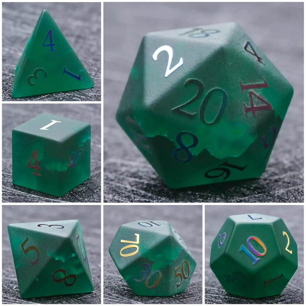 Frosted Gemstone DND Dice Set – Green Glass Frosted Gem DND Dice Set + Colored Fonts