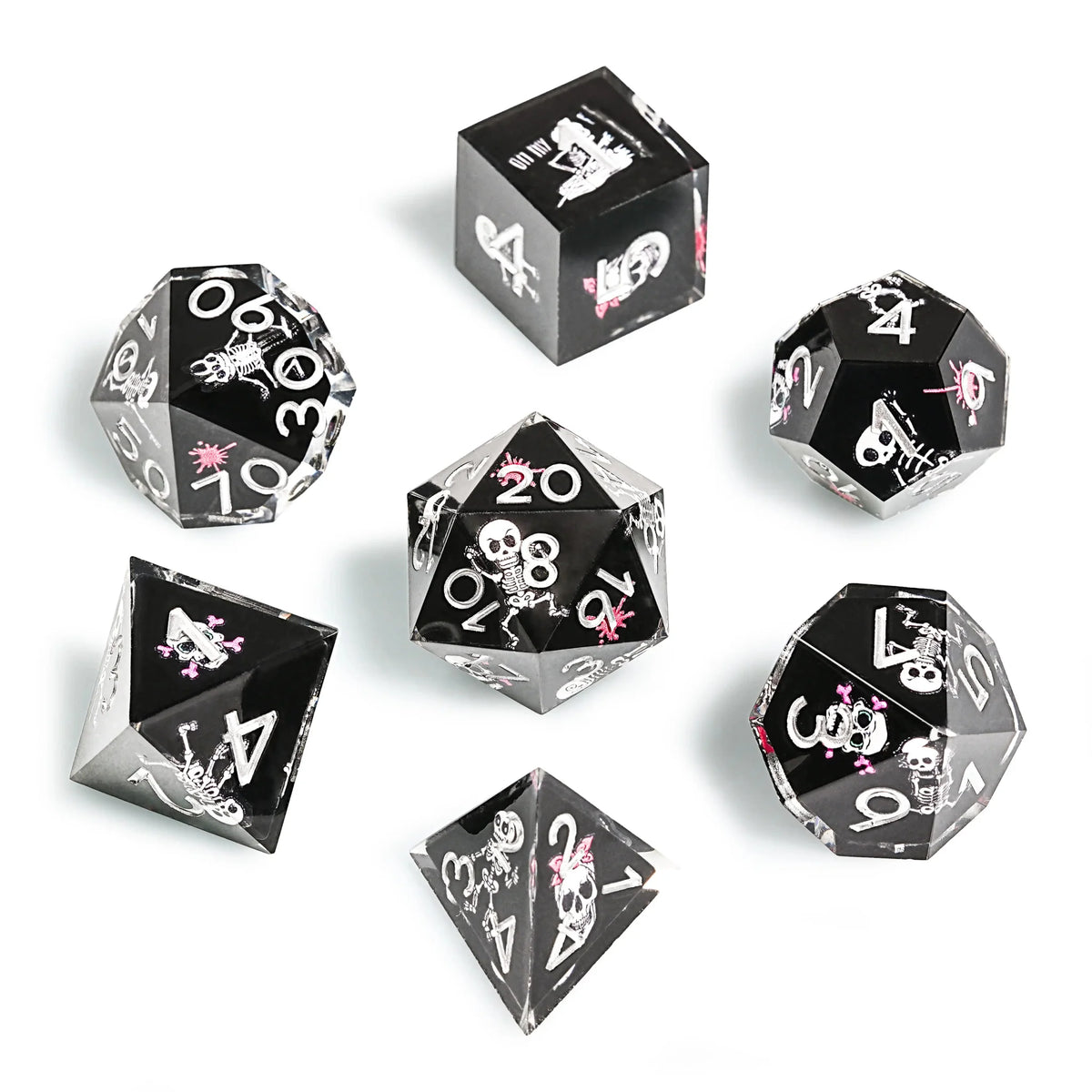 Funny Skull Resin DND Dice Set – Funny Skull Black Resin DND Dice Set + Silver Numbers