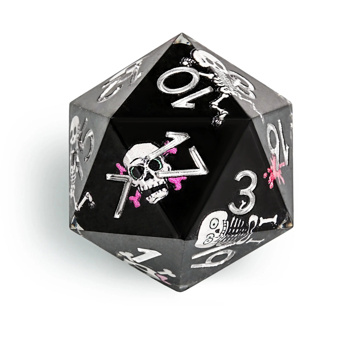 Funny Skull Resin DND Dice Set – Funny Skull Black Resin DND Dice Set + Silver Numbers