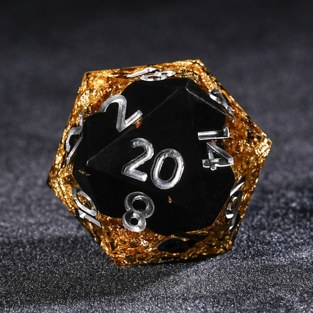 Galaxy Resin DND Dice Set – Black and gold Galaxy resin DND D20 dice with silver numbers