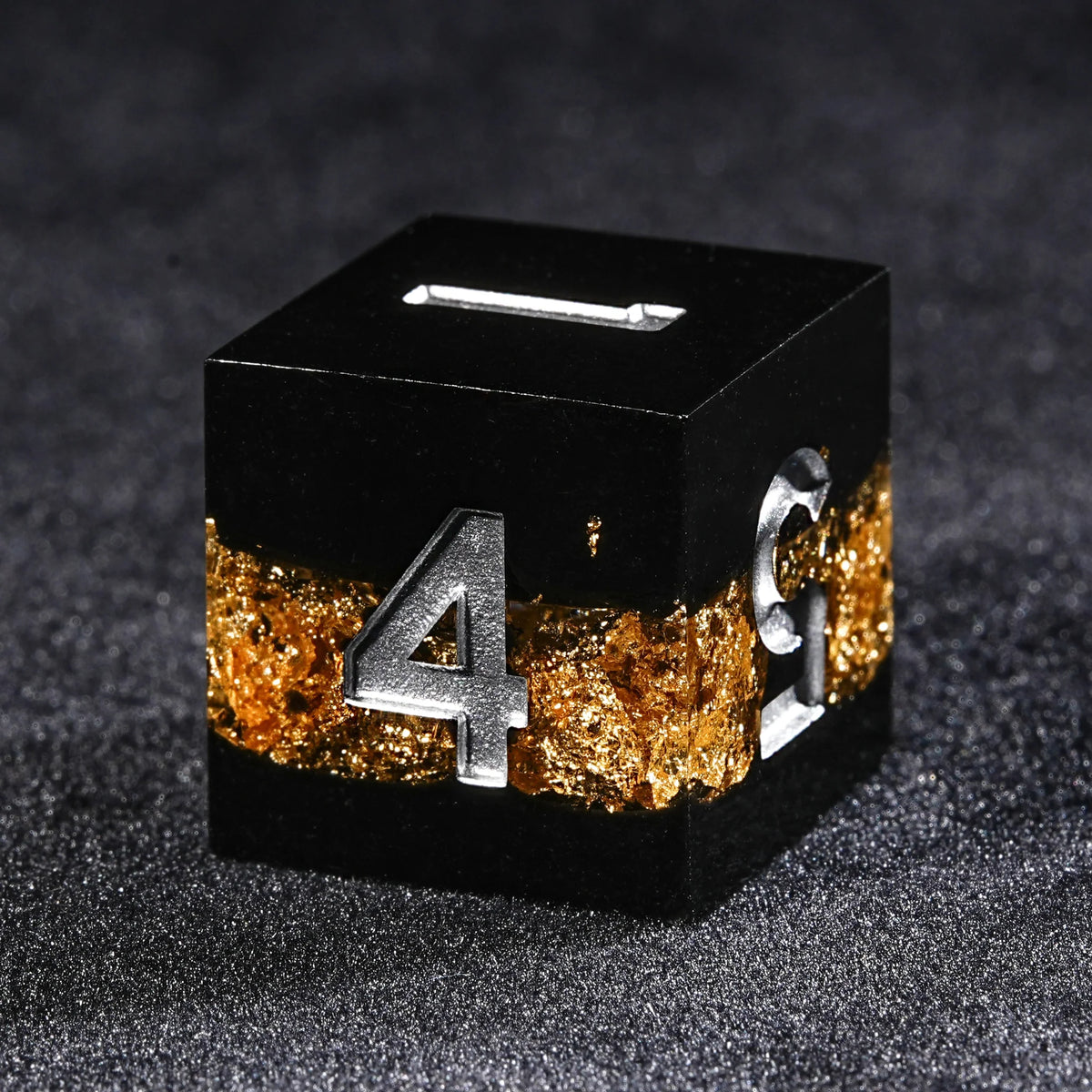 Galaxy Resin DND Dice Set – Black gold Galaxy resin DND D6 dice with silver numbers