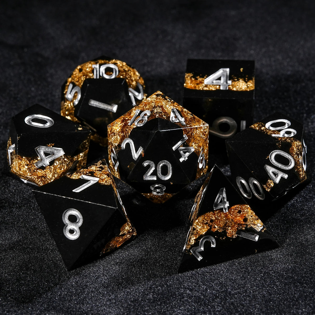 Galaxy Resin DND Dice Set – Black gold Galaxy resin DND dice set with silver engraved numbers