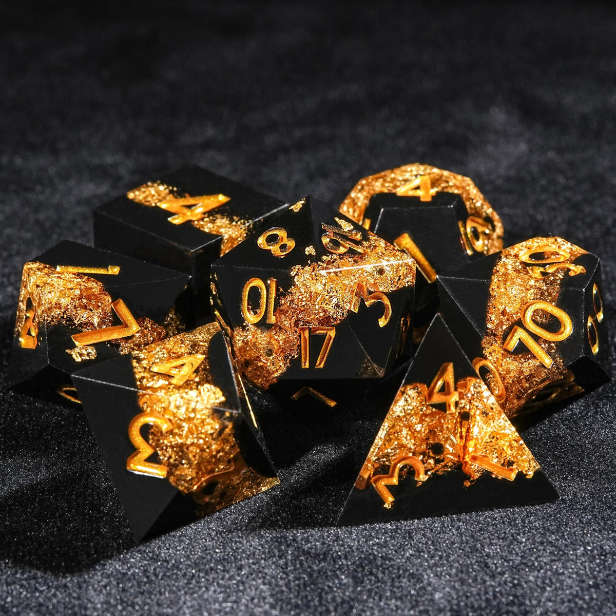 Galaxy Resin DND Dice Set – Gold Numbers – Gold Flare River - Resin dnd Dice Set + Gold Font