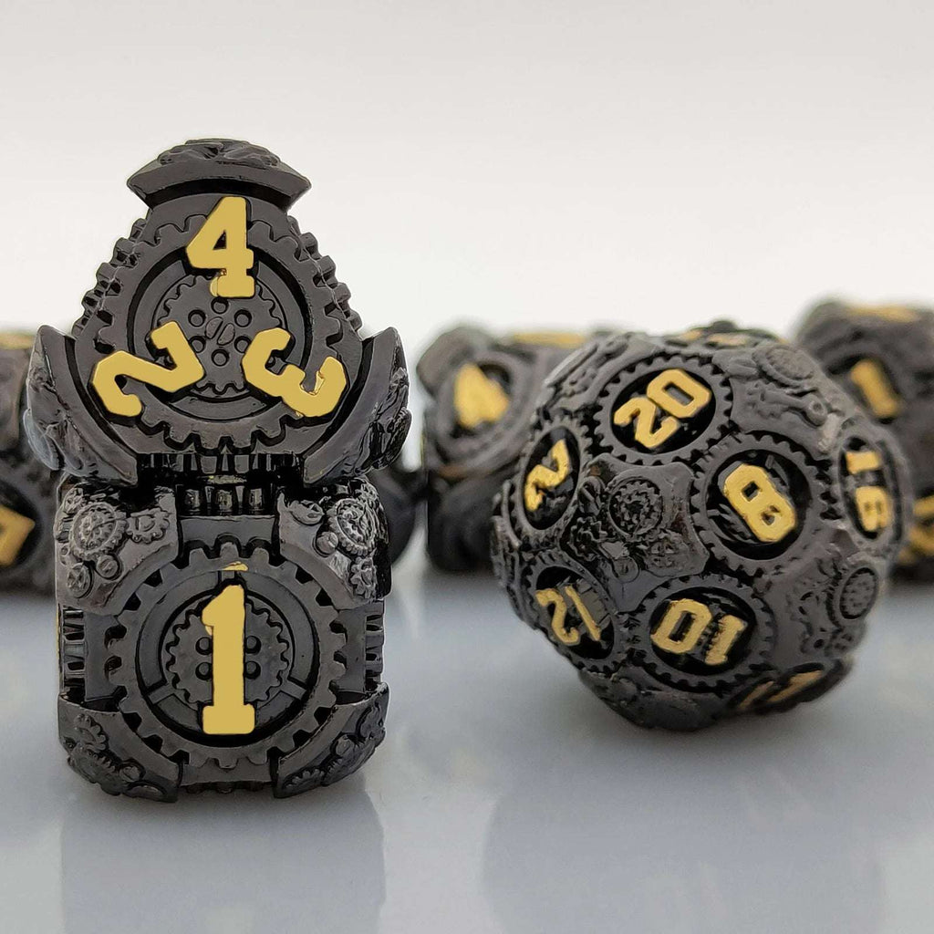 Gear Metal DND Dice Set – Cool black mechanical gear solid metal D&D dice set with gold numerals, perfect for tabletop