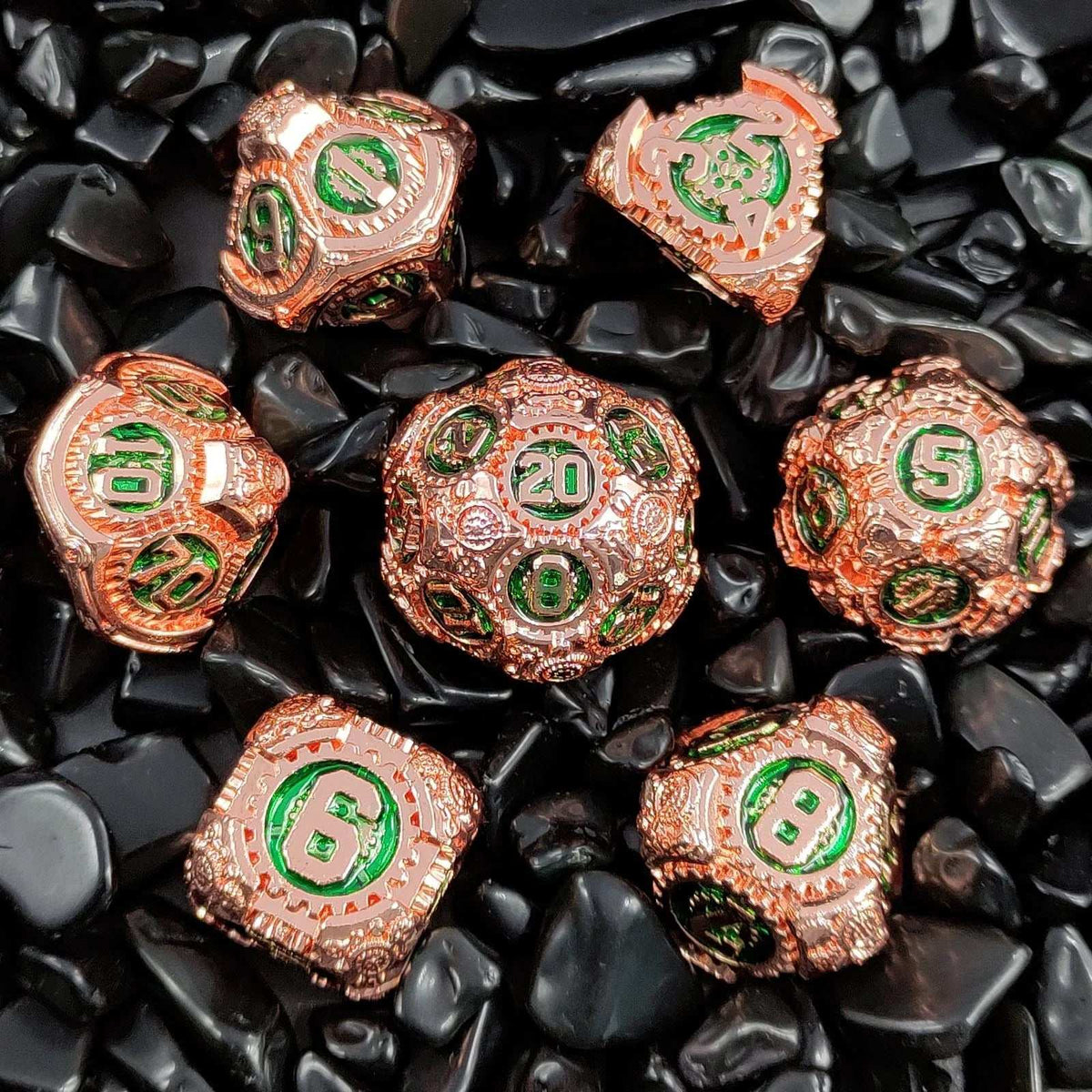 Gear Rose Metal DND Dice Set – Mechanical gear theme rose gold case with emerald green digital metal dice set