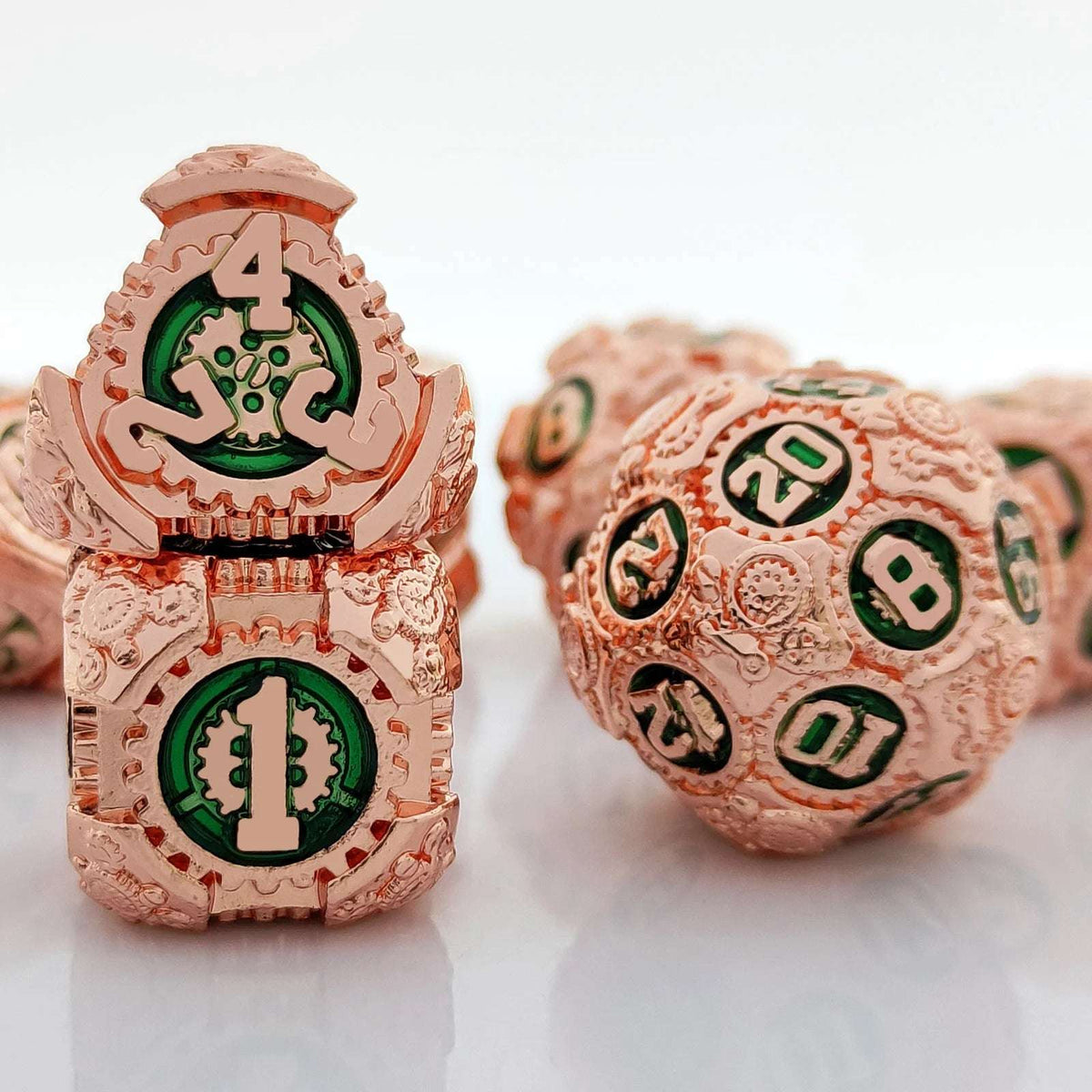 Gear Rose Metal DND Dice Set – Mechanical gear theme rose gold case with emerald green digital metal dice set