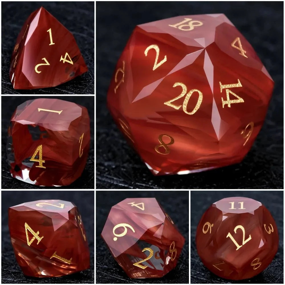 Gem Crystal Gemstone DND Dice Set – DND Gem Dice Set Crystal Flame Red Glass Diamond Cut Gold Digital RPG Dice