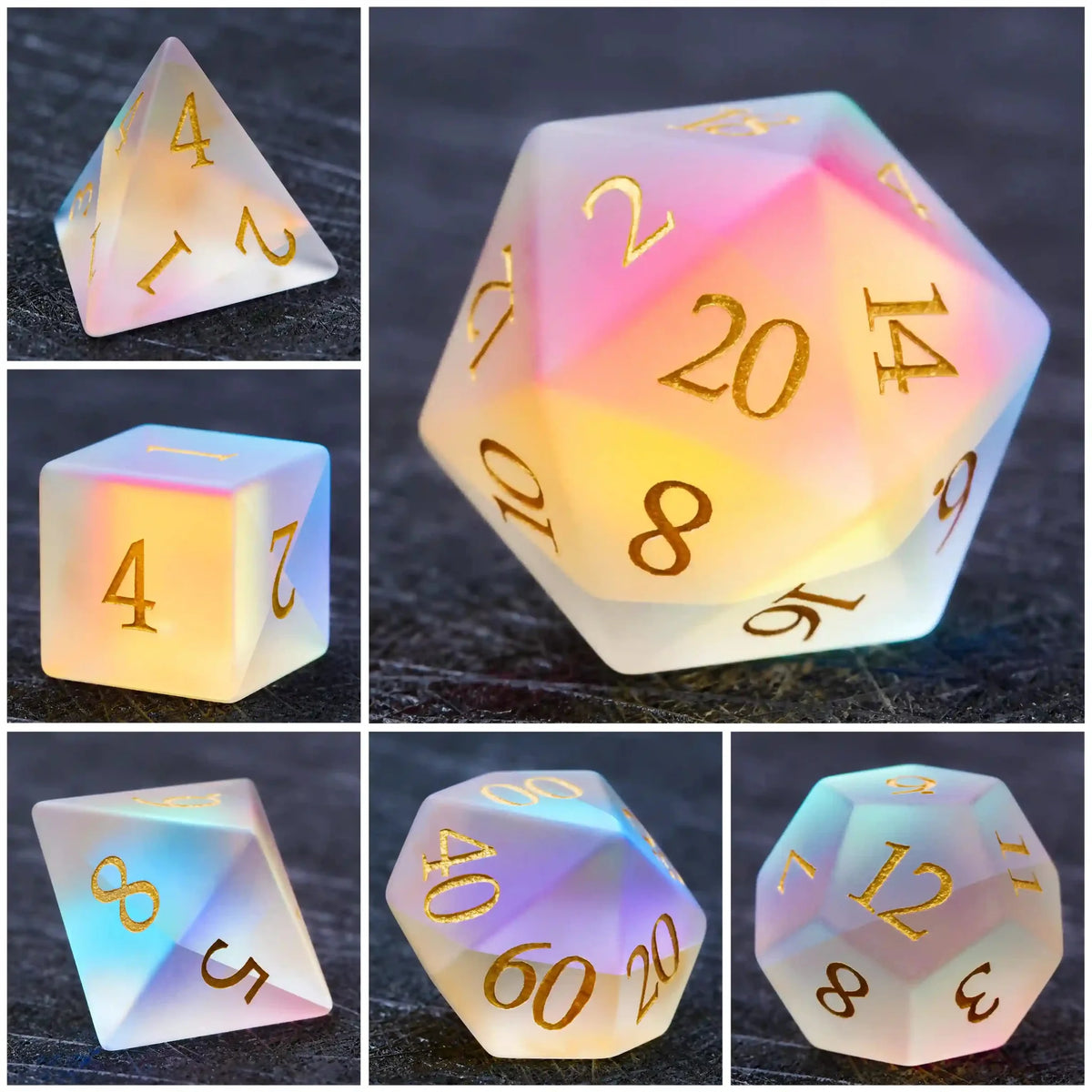 Gem Gemstone DND Dice Set – Gold Numbers – Colorful glass DND dice gem set + gold font