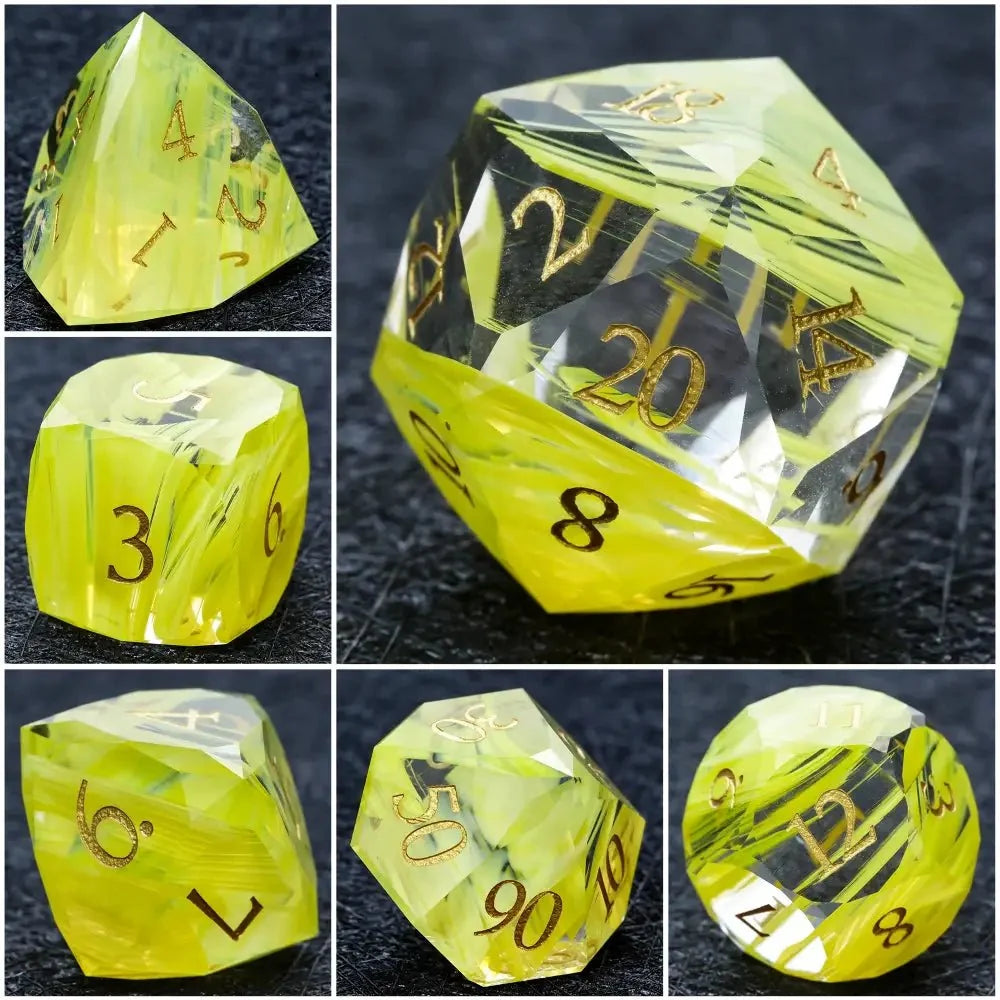 Gemstone DND Dice Set – DND Dice | Diamond Cut Yellow - Green Glass Gemstone Dice Set